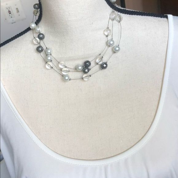 Floating beads on wire clear, gray, white, 16 1/2 in. necklace - Picture 3 of 11